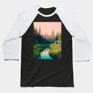 AI Generated Art Scenery - Lush Green Forest Mountains In The Back And River Baseball T-Shirt